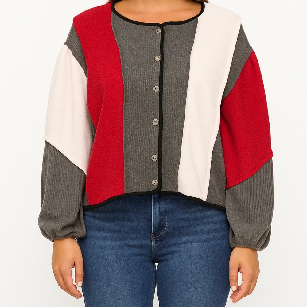 POL Patchwork Fleece and Waffle Knit Button Front Color-Block Top